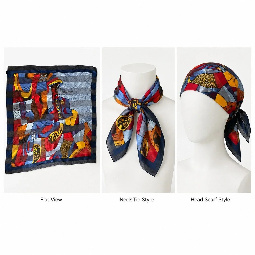 Picasso Style Cubist Art Design Square Scarf Multicolor Silk Feel 32x32 Headwrap